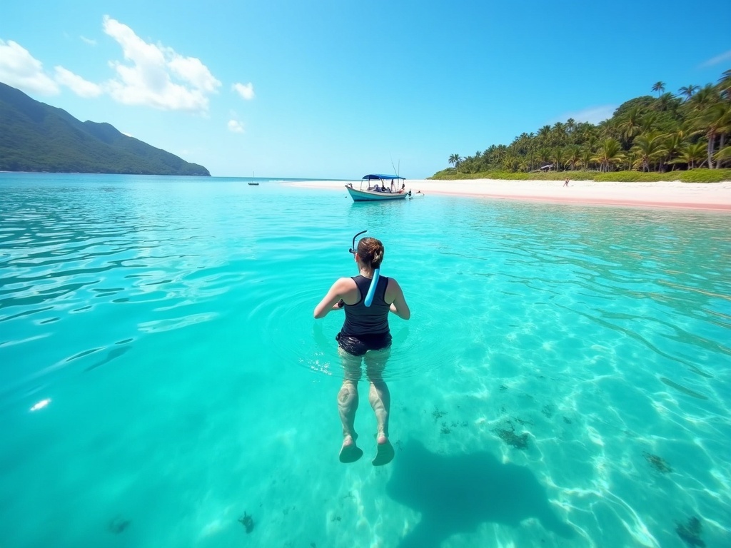 Snorkelling stop over turquoise coral reef near a pink-sand beach in Komodo National Park