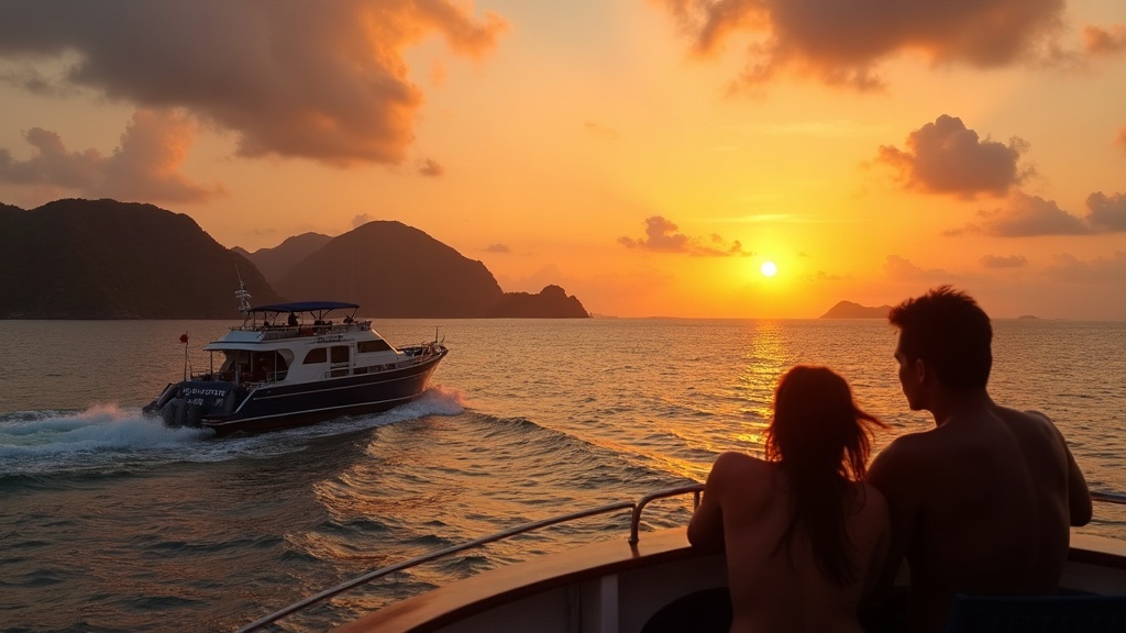 Day-tour boat returning to Labuan Bajo harbour at golden-hour sunset after a full day in Komodo