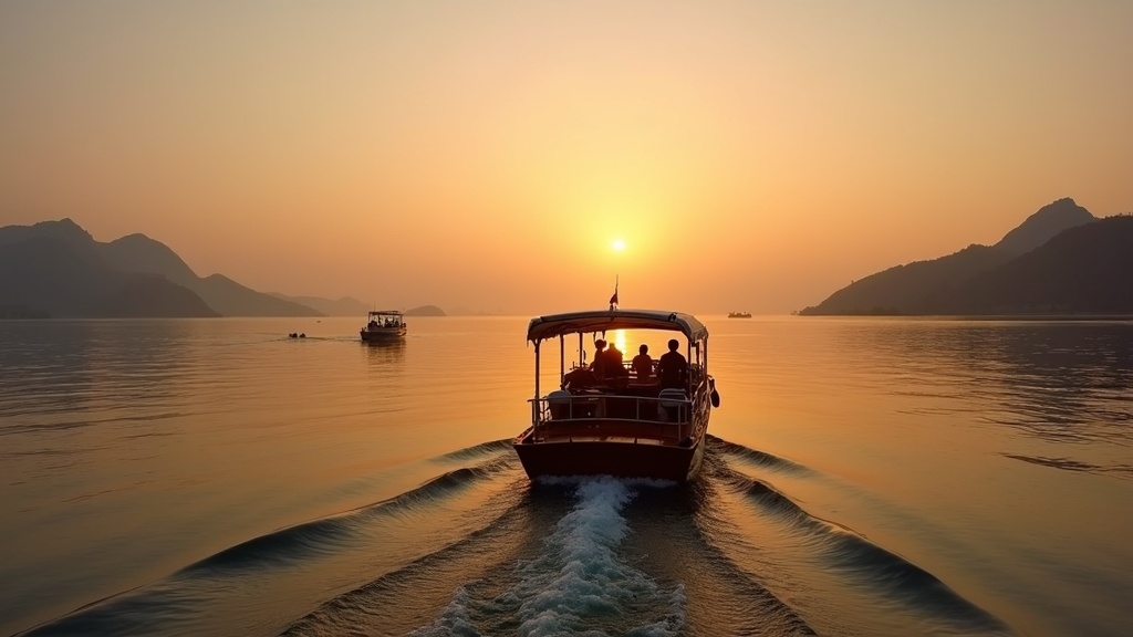 Small open-deck day-tour boat departing Labuan Bajo harbour at dawn toward Komodo National Park islands